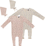 Little Fragile Baby Boys Girls Floral/Splatter Ribbed Cotton Stretchie & Bonnet Set - SB5CP7106