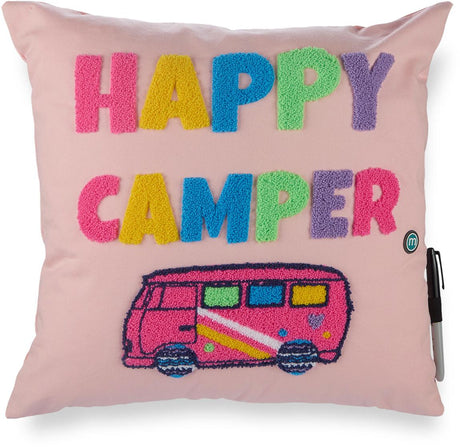 Memoi Girls Plush-Embroidered "Happy Camper" Autograph Pillow with Marker - MAC-020