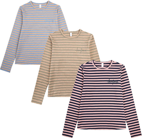 Memoi Teens Girls Nautical Striped Cotton-Rich Long Sleeve T-Shirt - MKC-104