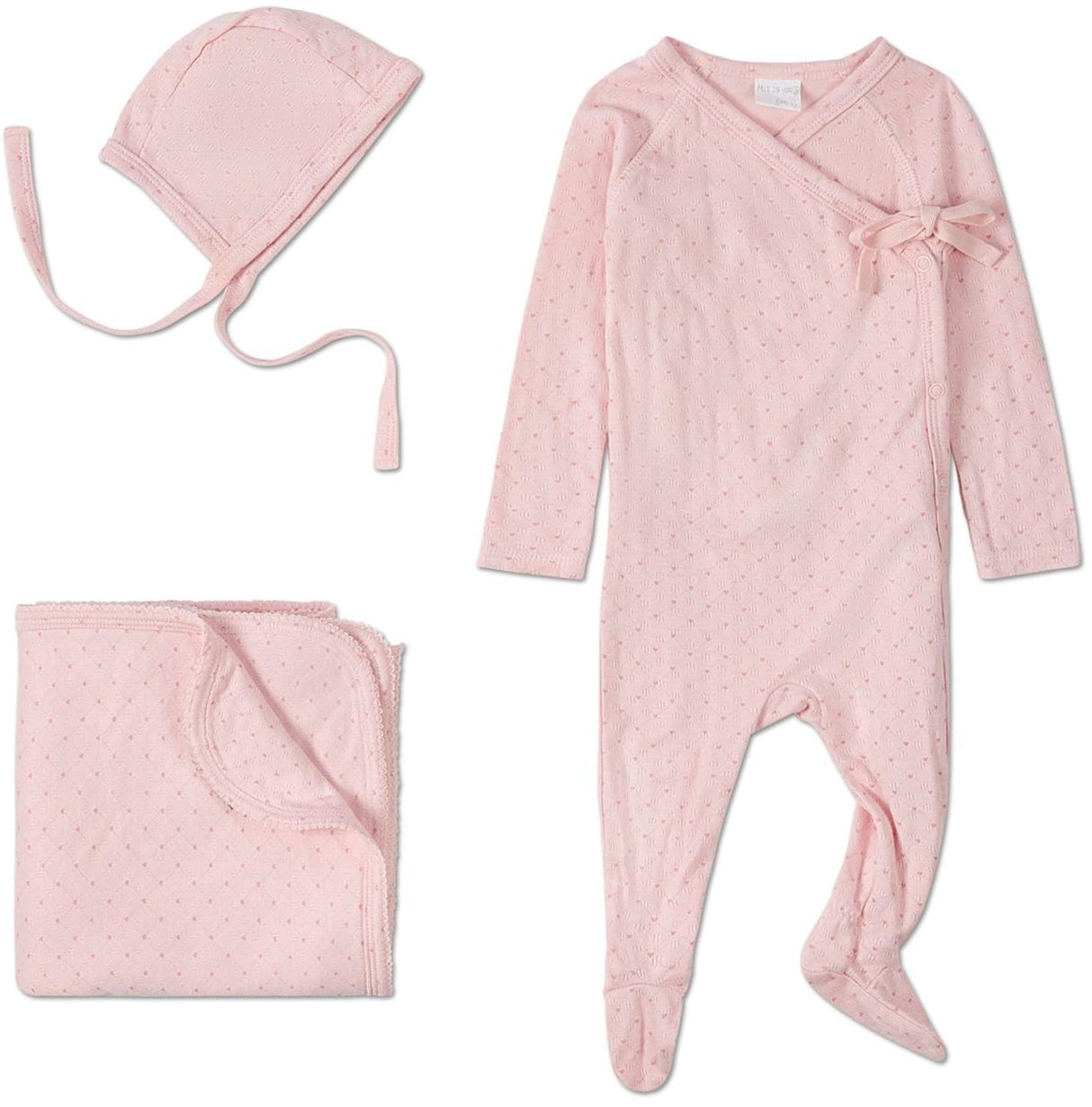 MiniMoi by Memoi Baby GirlsLittle Hearts Pointelle Cotton Stretchie, Beanie, Blanket Set - ING09291