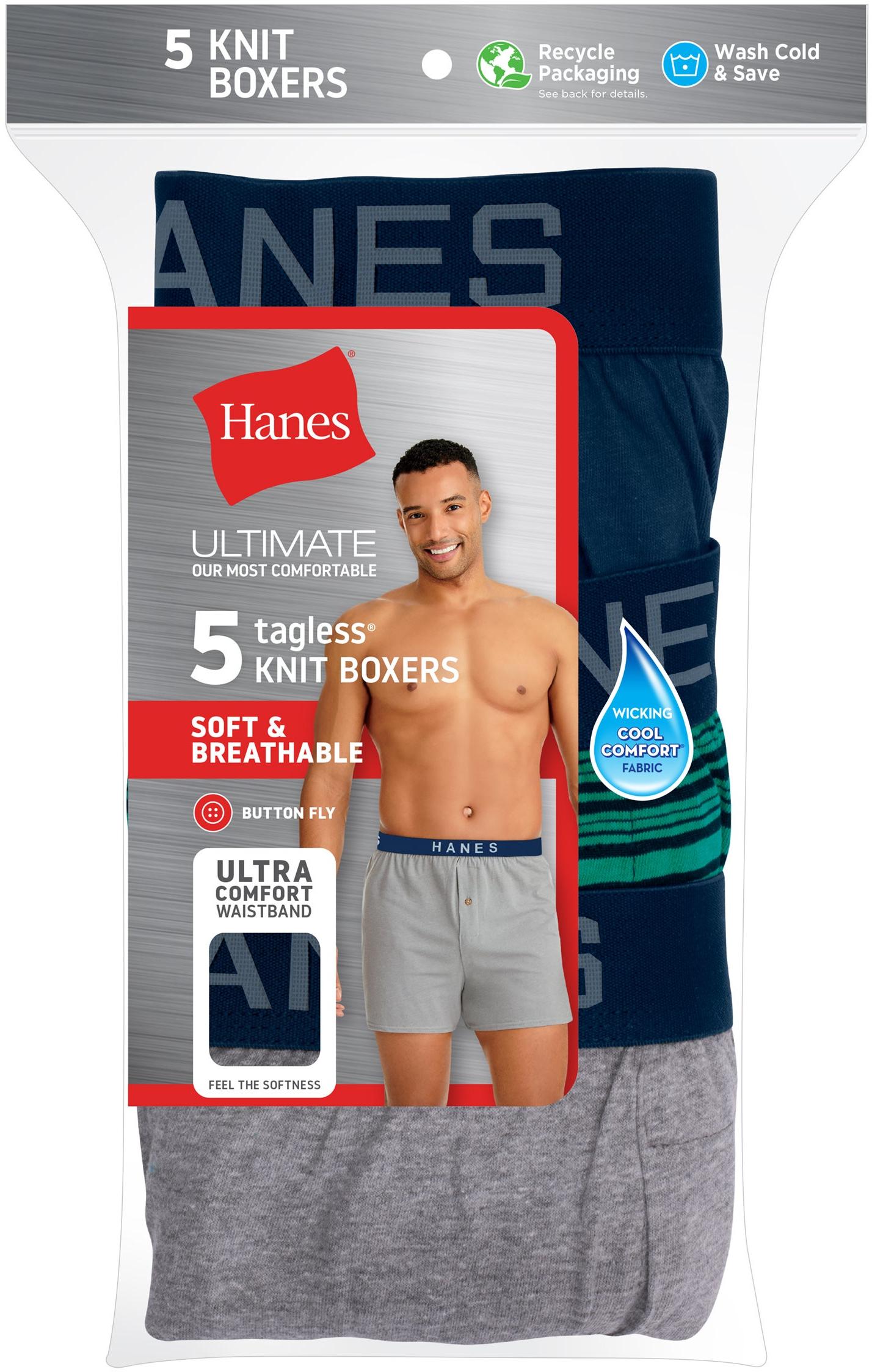 Hanes Mens TAGLESS Knit Boxers Underwear 5 Pack 709BP5 ShirtStop